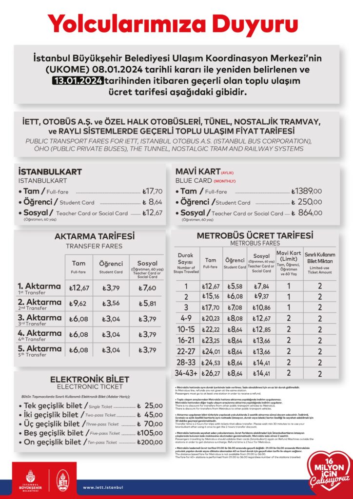 İETT İstanbulkart 2024 Yılı Ücret Tarifesi